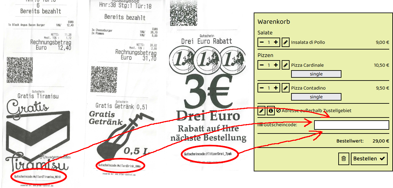 Beispiel für Gutscheincodes auf Rechnungszetteln von Pizza Joy in Salzburg Maxglaner Hauptstraße 33a – drei Rechnungen mit individuellen Gutscheincodes, die im Online-Warenkorb des Restaurants eingegeben werden können.